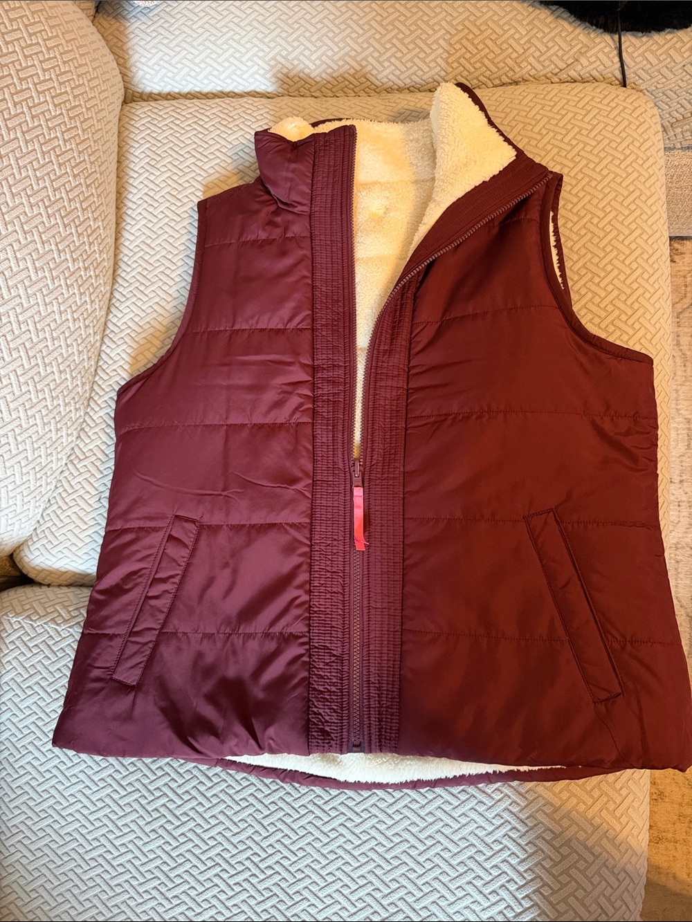 Womens Quilted Fleece-Lined Vest - Burgundy reversible.